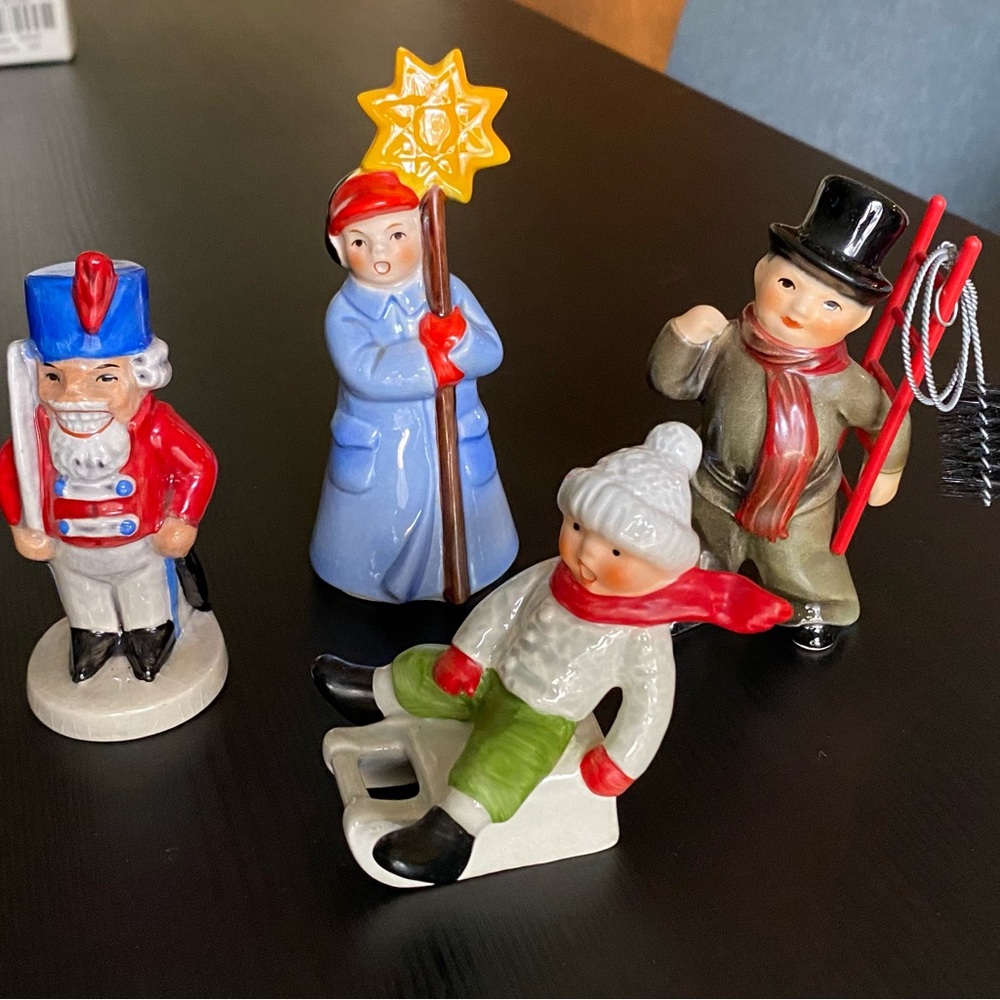 4 Vtg Goebel Christmas Figures Nutcracker Sledding Boy Chimney Sweep Girl Star